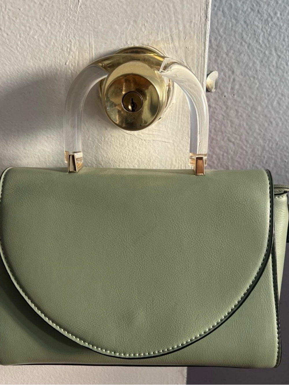 Minimalist Sage Green Mini Top-Handle Bag with Clear Handle